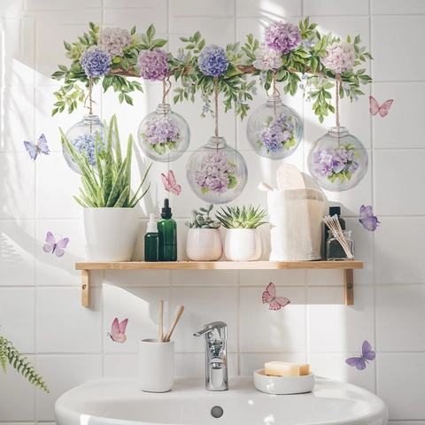 Pegatina de Pared Creativa Hortensia Acuarela Mariposa Bola de Vidrio Colgante Calcomanía PVC Autoadhesiva Para Salón