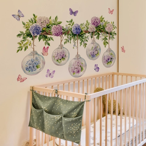 Pegatina de Pared Creativa Hortensia Acuarela Mariposa Bola de Vidrio Colgante Calcomanía PVC Autoadhesiva Para Salón
