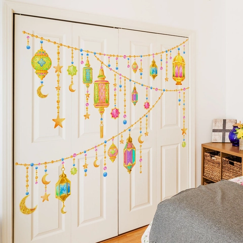 Ramadan Kareem Wall Stickers Colorful Lantern Star Moon Hanging Decals PVC Waterproof Removable DIY Wallpaper Home Decor