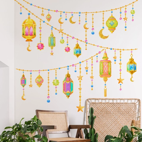 Ramadan Kareem Wall Stickers Colorful Lantern Star Moon Hanging Decals PVC Waterproof Removable DIY Wallpaper Home Decor