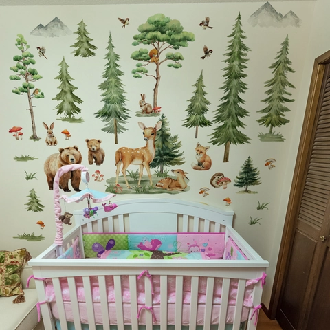 Stickers Muraux Animaux De La Forêt Aquarelle PVC Amovible Décor Pour Chambre D'Enfant Bébé Cerf Ours Renard Pin