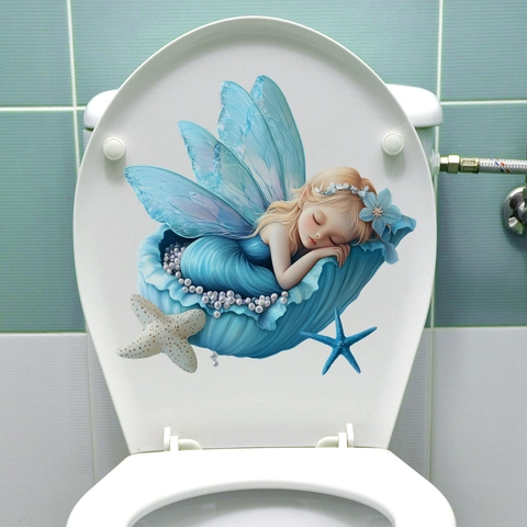 Fairy Wall Sticker Waterproof PVC Sleeping Fairy Blue Shell Starfish Artificial Pearl Toilet Lid Decal Bathroom Kids Room Decor