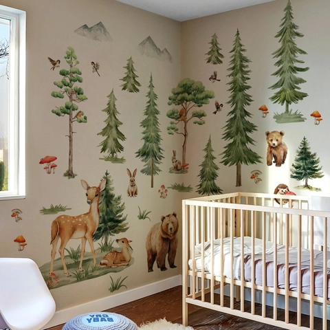 Stickers Muraux Animaux De La Forêt Aquarelle PVC Amovible Décor Pour Chambre D'Enfant Bébé Cerf Ours Renard Pin