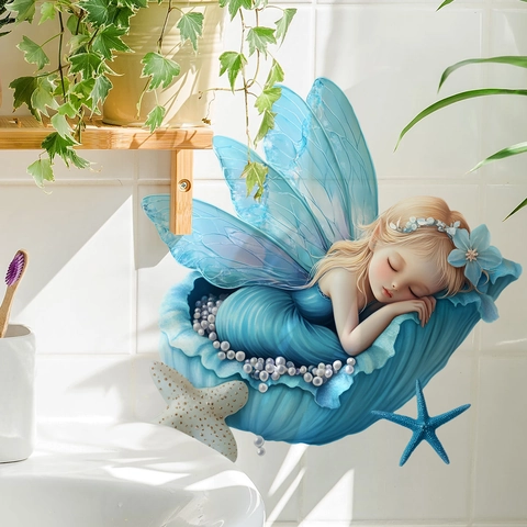 Fairy Wall Sticker Waterproof PVC Sleeping Fairy Blue Shell Starfish Artificial Pearl Toilet Lid Decal Bathroom Kids Room Decor