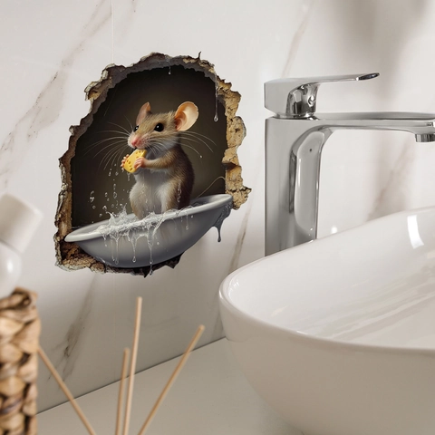 Sticker Mural Trou De Souris 3D PVC Amovible Décor Souris Mangeant Du Fromage Animal Réaliste Pour Salon Chambre Salle De Bain