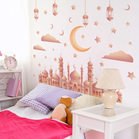 Ramadan Wall Sticker Mosque Moon Stars PVC Removable Decorative Mural Decal Islamic Home Decor Living Room Bedroom