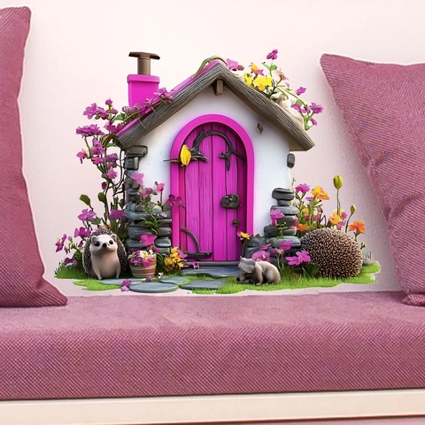 Muursticker Sprookjeshuis PVC Zelfklevend Verwijderbaar Decoratief 3D Effect Bloemensticker Voor Kinderkamer Decoratie