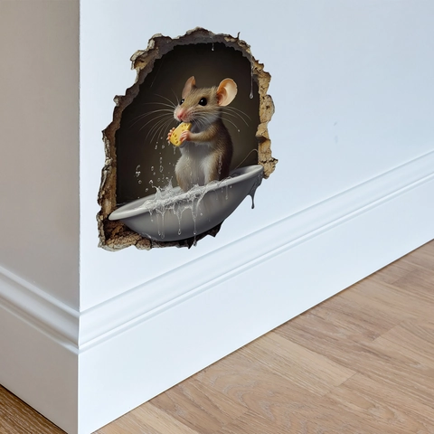 Sticker Mural Trou De Souris 3D PVC Amovible Décor Souris Mangeant Du Fromage Animal Réaliste Pour Salon Chambre Salle De Bain