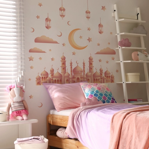 Ramadan Wall Sticker Mosque Moon Stars PVC Removable Decorative Mural Decal Islamic Home Decor Living Room Bedroom
