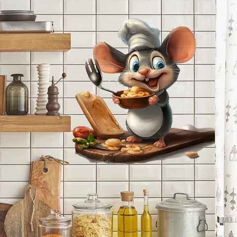 Cartoon Chef Animal Wall Stickers PVC Waterproof Self Adhesive Removable Kitchen Dining Room Decor Cat Mouse Decals