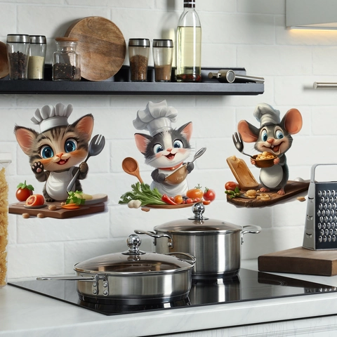 Cartoon Chef Animal Wall Stickers PVC Waterproof Self Adhesive Removable Kitchen Dining Room Decor Cat Mouse Decals