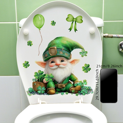Adesivo per Gabinetto Gnomo San Patrizio Trifoglio Verde Decalcomania PVC Impermeabile Rimovibile Adesivo da Parete Bagno