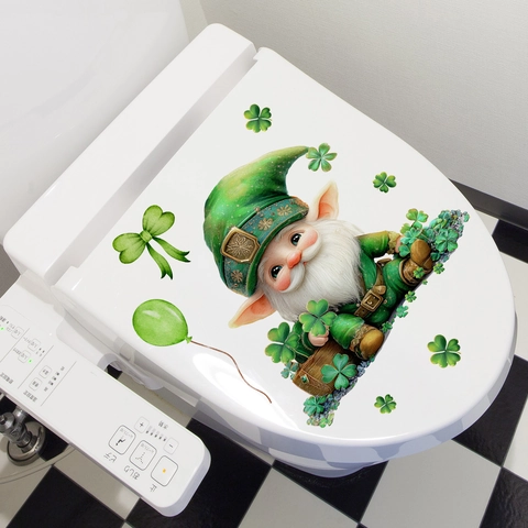 Adesivo per Gabinetto Gnomo San Patrizio Trifoglio Verde Decalcomania PVC Impermeabile Rimovibile Adesivo da Parete Bagno