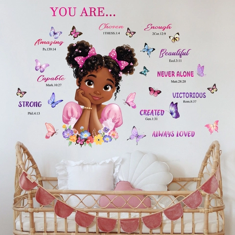Inspirational Bible Verse Cartoon Black Girl Wall Sticker Colorful Butterfly PVC Removable Decal Home Bedroom Decor