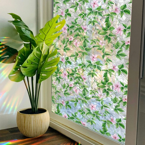 3D Rainbow Window Film Static Cling Privacy Frosted Glass Sticker Vintage Pink Flower Green Leaf Decorative Film For Home