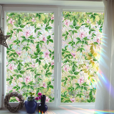 3D Rainbow Window Film Static Cling Privacy Frosted Glass Sticker Vintage Pink Flower Green Leaf Decorative Film For Home