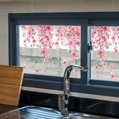 Pink Cherry Blossom Window Clings Static PVC Double Sided Floral Decals Removable Glass Wall Stickers Home Decor