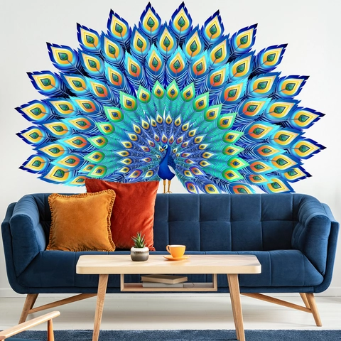 Large Colorful Peacock Wall Sticker PVC Self-Adhesive Removable Animal Art Mural For Living Room Bedroom Home Background