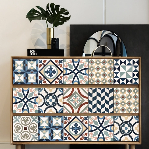 Pegatinas de PVC Impermeables para Azulejos Estilo Mediterráneo Patrones Mandala Marroquí Adhesivos de Pared para Cocina Baño