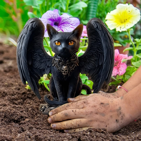 Piquet De Jardin Chat Ailé Noir Gothique PVC Imperméable Décoration Extérieure Arrière-cour Panneau Mystère Style