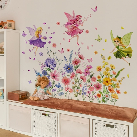 Flower Fairy Butterfly Wall Stickers PVC Self-Adhesive Waterproof Plants Decal For Kids Nursery Room Home Decoration