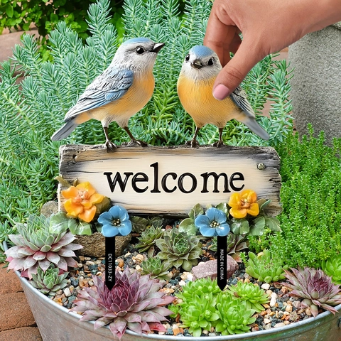 Bird Pattern Garden Welcome Sign Plastic Waterproof Outdoor Courtyard Yard Lawn Plant Pot Decorative Stake Ornament Pastoral Style