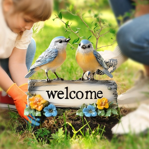 Bird Pattern Garden Welcome Sign Plastic Waterproof Outdoor Courtyard Yard Lawn Plant Pot Decorative Stake Ornament Pastoral Style