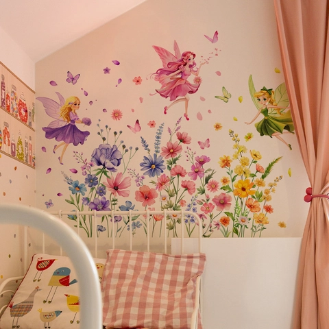 Flower Fairy Butterfly Wall Stickers PVC Self-Adhesive Waterproof Plants Decal For Kids Nursery Room Home Decoration
