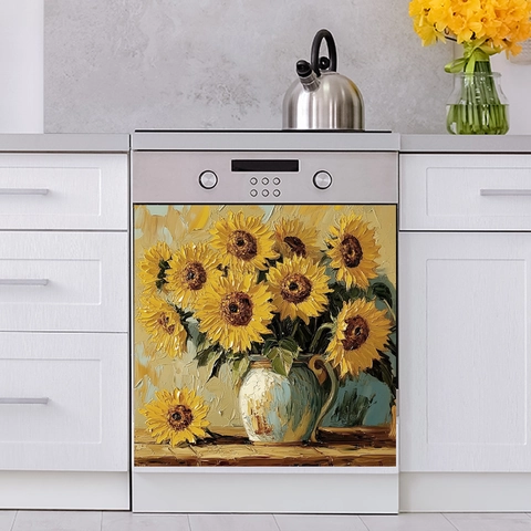 Pegatina De Pared Pintura Al Óleo Girasol PVC Autoadhesivo Impermeable Cocina Armario Lavavajillas Arte Decorativo Mural