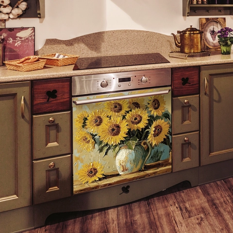 Pegatina De Pared Pintura Al Óleo Girasol PVC Autoadhesivo Impermeable Cocina Armario Lavavajillas Arte Decorativo Mural