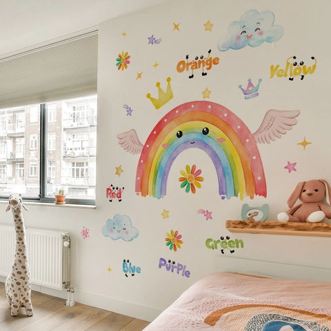 Cartoon Rainbow Stars Clouds Wall Stickers For Kids Room PVC Self-Adhesive Educational Color Words Background Mural Decor