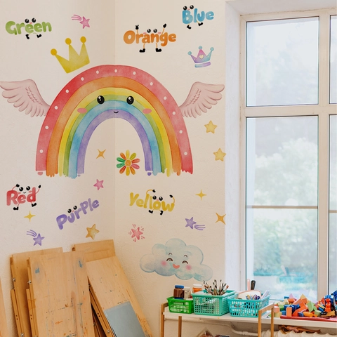 Cartoon Rainbow Stars Clouds Wall Stickers For Kids Room PVC Self-Adhesive Educational Color Words Background Mural Decor