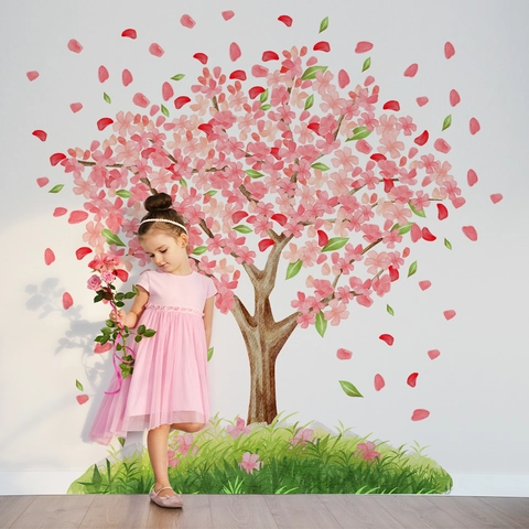 Aquarell Kirschblütenbaum Wandtattoo Abnehmbare PVC Rosa Blume Rasen Landschaft Tapete Für Schlafzimmer Wohnzimmer Dekor