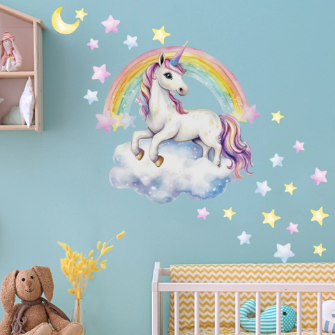 Stickers Muraux Licorne Arc En Ciel PVC Amovible Aquarelle Étoile Lune Décalcomanies Pour Chambre D'enfant Décoration Style Dessin Animé