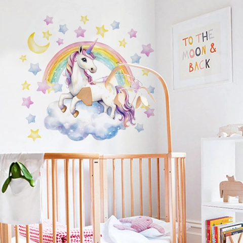 Stickers Muraux Licorne Arc En Ciel PVC Amovible Aquarelle Étoile Lune Décalcomanies Pour Chambre D'enfant Décoration Style Dessin Animé