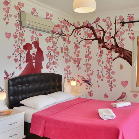 Romantic Heart Tree Wall Stickers PVC Self Adhesive Large Couple Silhouette Birds Decals For Bedroom Living Room Decor