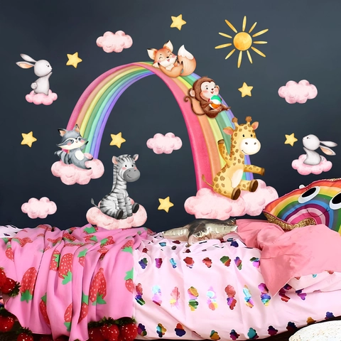 Adesivi Murali Animali Cartoni Animati Arcobaleno PVC Impermeabile Per Cameretta Bambini Asilo Nido Adesivo