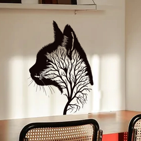 Autocollant Mural Silhouette De Chat PVC Motif Branche D'Arbre Autocollant Imperméable Art Moderne Décor De Maison