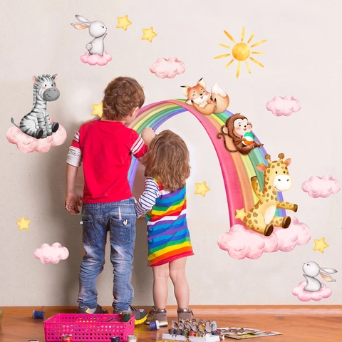 Adesivi Murali Animali Cartoni Animati Arcobaleno PVC Impermeabile Per Cameretta Bambini Asilo Nido Adesivo