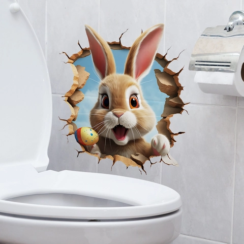 Autocollants De Toilettes De Pâques PVC 3D Lapin Dessin Animé Œuf Floral Étanche Auto-Adhésif Décoration Murale Salle De Bain