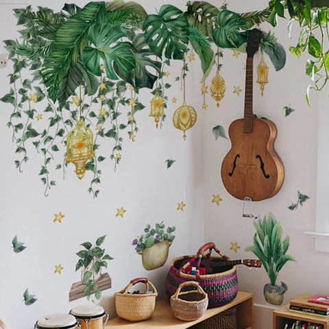 Tropical Plant Wall Stickers Monstera Palm Leaves Golden Lanterns Stars Removable Self-Adhesive PVC Home Background Decals