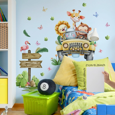 Cartoon Animal Driving Jeep Wall Sticker Watercolor Lion Giraffe Monkey PVC Removable Decal For Kids Room Nursery Home Decor
