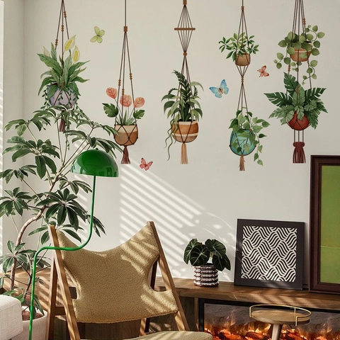 Wall Stickers Potted Green Plants PVC Self Adhesive Removable Waterproof Watercolor Hanging Basket Vines Home Decor