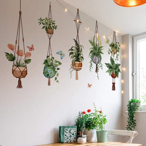 Wall Stickers Potted Green Plants PVC Self Adhesive Removable Waterproof Watercolor Hanging Basket Vines Home Decor