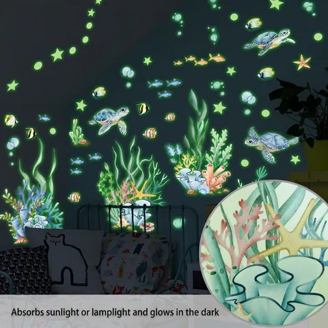Autocollants Muraux Lumineux Créatures Marines Océan Dans Le Noir PVC Tortue Corail Poisson Déco Chambre Enfant Salle De Bain