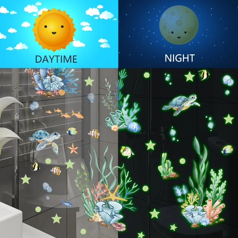 Autocollants Muraux Lumineux Créatures Marines Océan Dans Le Noir PVC Tortue Corail Poisson Déco Chambre Enfant Salle De Bain