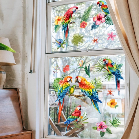 Tropical Parrot Macaw Bird Window Clings Static Stickers Double Sided Hibiscus Flower Green Leaves Home Decor