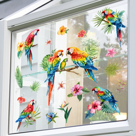 Tropical Parrot Macaw Bird Window Clings Static Stickers Double Sided Hibiscus Flower Green Leaves Home Decor