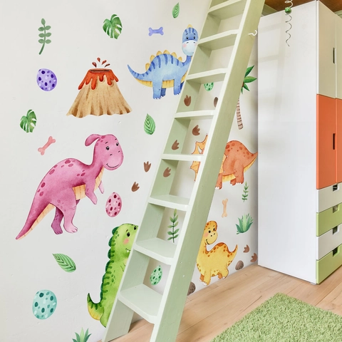 Cartoon Dinosaur Wall Stickers Watercolor Hand Painted PVC Waterproof Art Decals For Kids Bedroom Nursery Decor Volcano