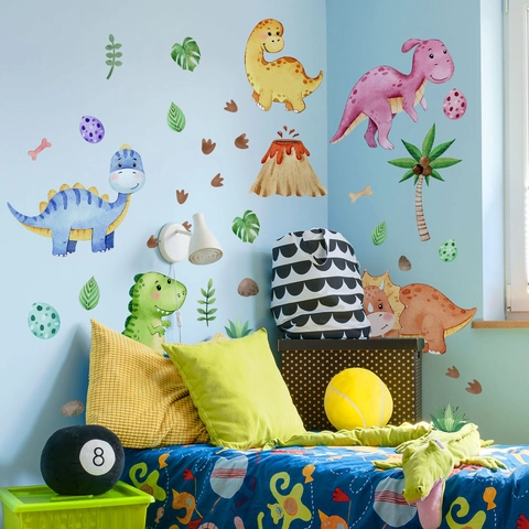 Cartoon Dinosaur Wall Stickers Watercolor Hand Painted PVC Waterproof Art Decals For Kids Bedroom Nursery Decor Volcano